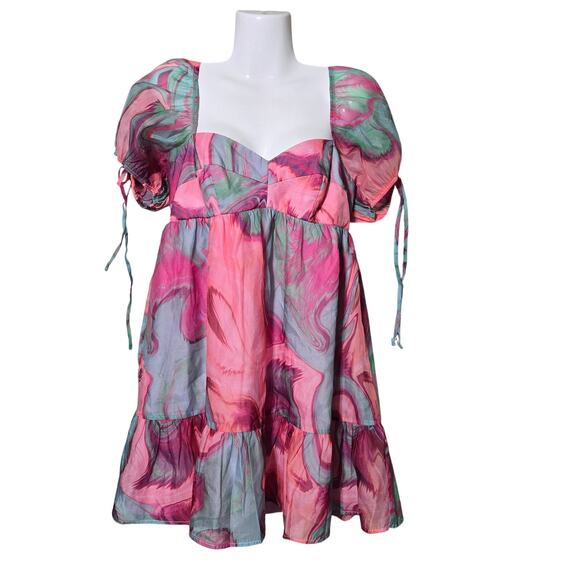 Amanda Uprichard L Women's Puff Sleeve Min Dress Sheer Seike Style Babydoll Boho - Picture 2 of 12